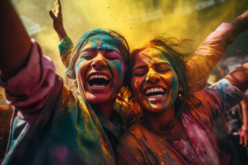 happy hindu indian people celebrate holi festival by throwing colorful powder at each other, generative AI - obrazy, fototapety, plakaty
