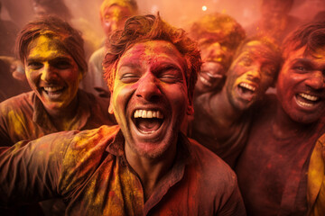 happy hindu indian people celebrate holi festival by throwing colorful powder at each other, generative AI