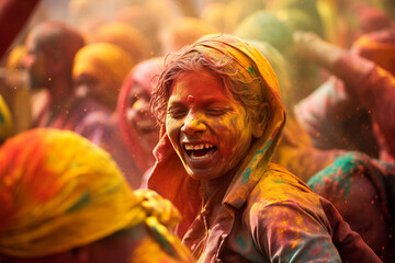 Obraz premium happy hindu indian people celebrate holi festival by throwing colorful powder at each other, generative AI