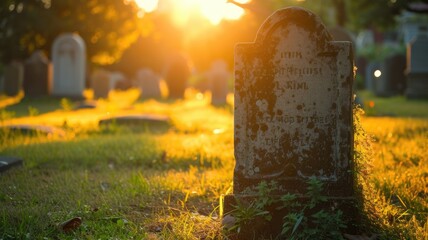 Sun setting behind a weathered gravestone in a tranquil cemetery - obrazy, fototapety, plakaty