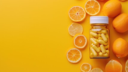 Vitamin C supplements and fresh orange slices on yellow