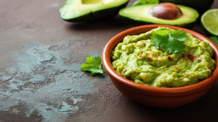 Homemade guacamole in rustic bowl with avocados