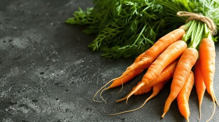 Bunch of fresh carrots with green tops on a rustic dark background