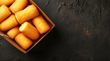 Golden, cream-filled snack cakes in a box on a dark textured backdrop