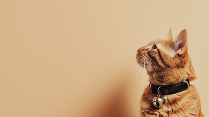 Profile of a domestic ginger cat with bell collar against beige backdrop