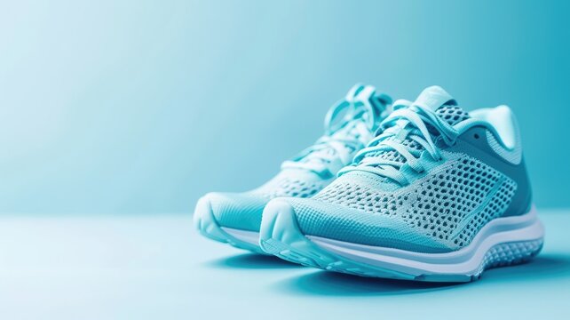 Pair of blue running shoes on matching blue background