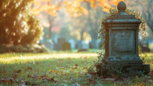 Peaceful graveyard with ancient tombstone, autumn setting