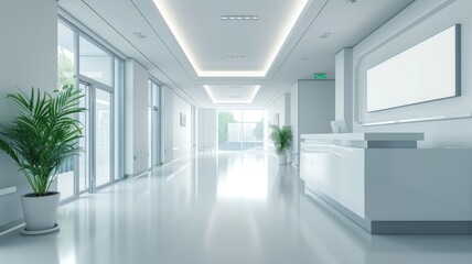 A clean, bright hospital corridor with doors and potted plants