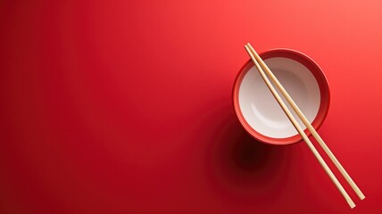 A minimalist setup with an empty red bowl and chopsticks on a matching red backdrop