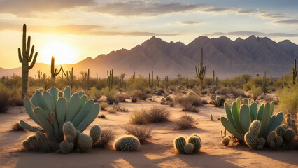 Tranquil moments as the desert transitions from day to night with the sun setting behind a cluster of cacti and creating a serene and peaceful atmosphere in the arid wilderness