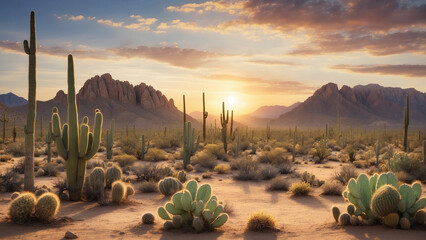 Tranquil moments as the desert transitions from day to night with the sun setting behind a cluster of cacti and creating a serene and peaceful atmosphere in the arid wilderness - Powered by Adobe