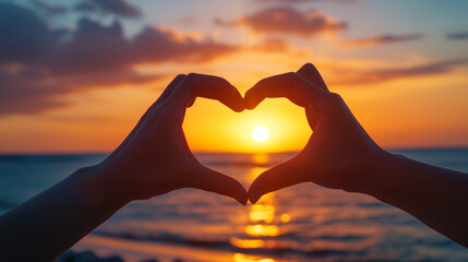 Silhouette of hands forming a heart shape with sunset background.