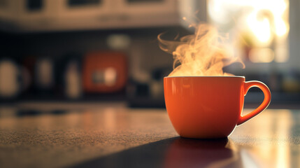 Orange cup of coffee on the table in the kitchen. Blurred background. - obrazy, fototapety, plakaty