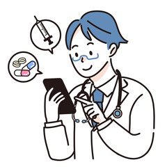 スマホで患者とやりとりをする男性の医者