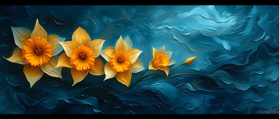 A Painting of Yellow Flowers on a Blue Background