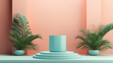 A 3D podium enveloped in a radiant aura of soft lighting assumes prominence, accompanied by a small garden of shrubs and ferns.  - Powered by Adobe