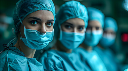A team of surgeons with intense gazes prepped for surgery, showcasing teamwork and precision.
 - obrazy, fototapety, plakaty
