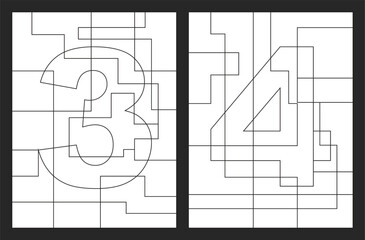 Number 3 and 4 geometric shapes vector for children coloring book