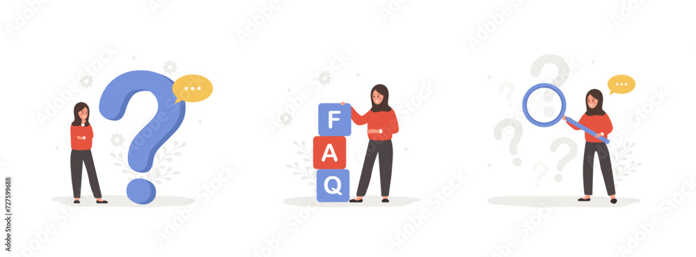 Aufkleber faq concept. arabian women ask questions and receive answers. customer support. set of vector illust