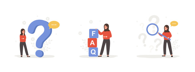 FAQ concept. Arabian women ask questions and receive answers. Customer support. Set of vector illustrations in flat cartoon style. Perfect for Website menu bar, user interfaces or landing pages.