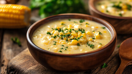 creamy corn chowder soup with parsley in wooden bowl