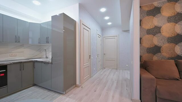 standard room interior apartment. view kind of decor home decoration in hostel house for sale. kitchen and dining room, refectory area, cooking equipment, table furniture, stove