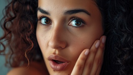Obraz premium Close-up of a young woman with curly hair and thoughtful expression