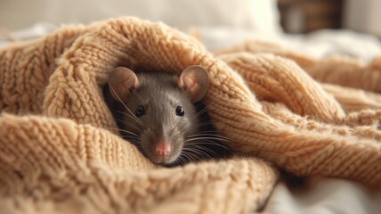 Adorable rat cozily nestled in a soft woolen blanket