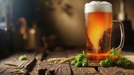 Fotobehang Chilled beer in mug with froth over hops and barley © Татьяна Макарова