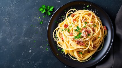 Plate of spaghetti garnished with tomato sauce, parsley, and grated cheese on a dark surface