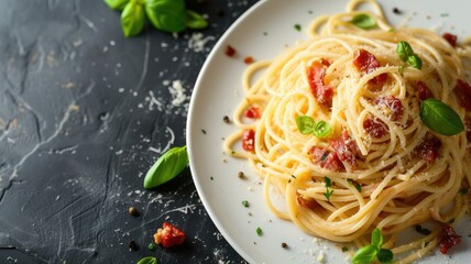 Plate of spaghetti with tomato and basil on dark surface