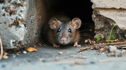 A wild rat curiously peeking out from a crack in urban concrete