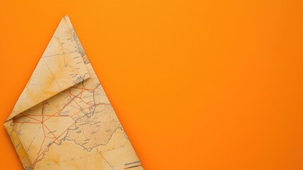A detailed vintage map folded neatly on an orange colored surface