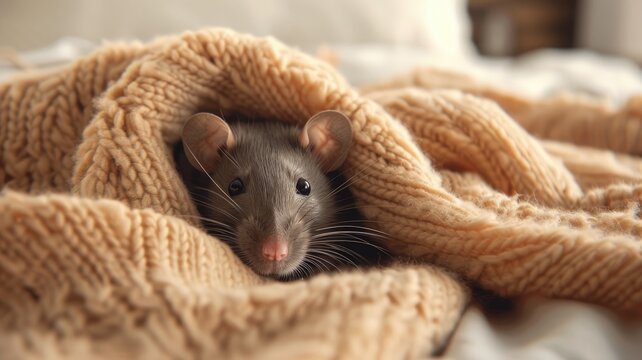 Adorable rat cozily nestled in a soft woolen blanket