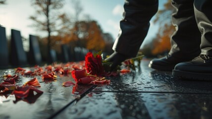 Solemn moment as a person places a red rose on a rain-slicked memorial