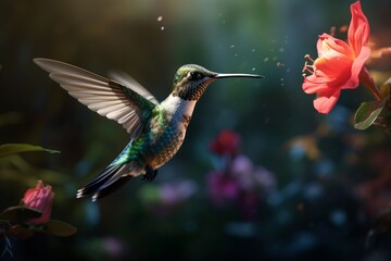 : A hummingbird hovering in front of a flower, its wings a blur of rapid movement.