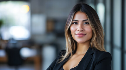 Obraz premium Confident latin businesswoman portrait at her office with copy space
