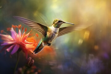 : A hummingbird hovering in front of a flower, its wings a blur of rapid movement.