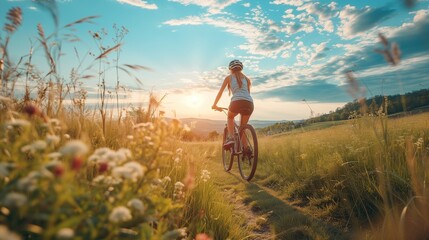 Woman cycling in the trail of mountain landscape