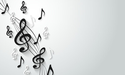 Music notes melody background. Black notes symbols on white background. light and shadow. Vector.
