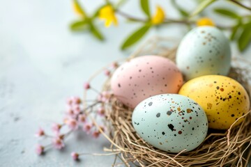 easter background with colorful eggs in light warm colors