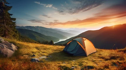 Gordijnen Outdoor camping photo tent in the middle of nature beautiful landscape ai generated image © MdAwlad