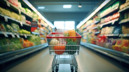 Abundance of healthy food choices in supermarket aisle generated by AI