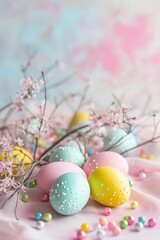 Fototapeta na wymiar easter background with colorful eggs in light warm colors
