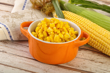 Canned yellow corn in the bowl