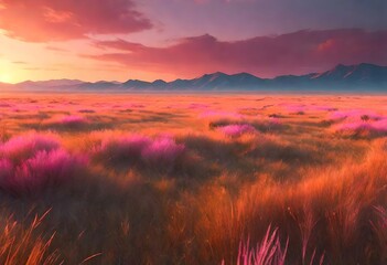 A steppe at sunset, with the sky ablaze in hues of orange and pink, casting a warm glow on the expansive grasslands.