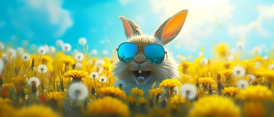 easter rabbit with reflective sunglasses super cute and funny laughing sits in a yellow dandelion field, easter background banner for marketing, sales and social media illustration. - obrazy, fototapety, plakaty