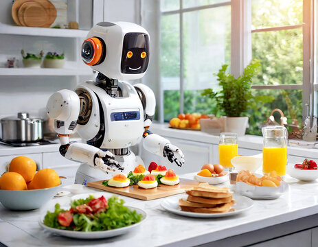 キッチンで朝食の用意をするロボットのシェフ