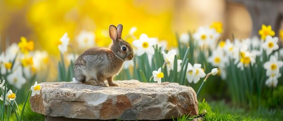 product podium with a rabbit, natural stone dais with spring flowers and daffodils backdrop....