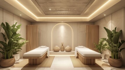 Fototapeta na wymiar elegant white spa room with wooden elements and massage tables